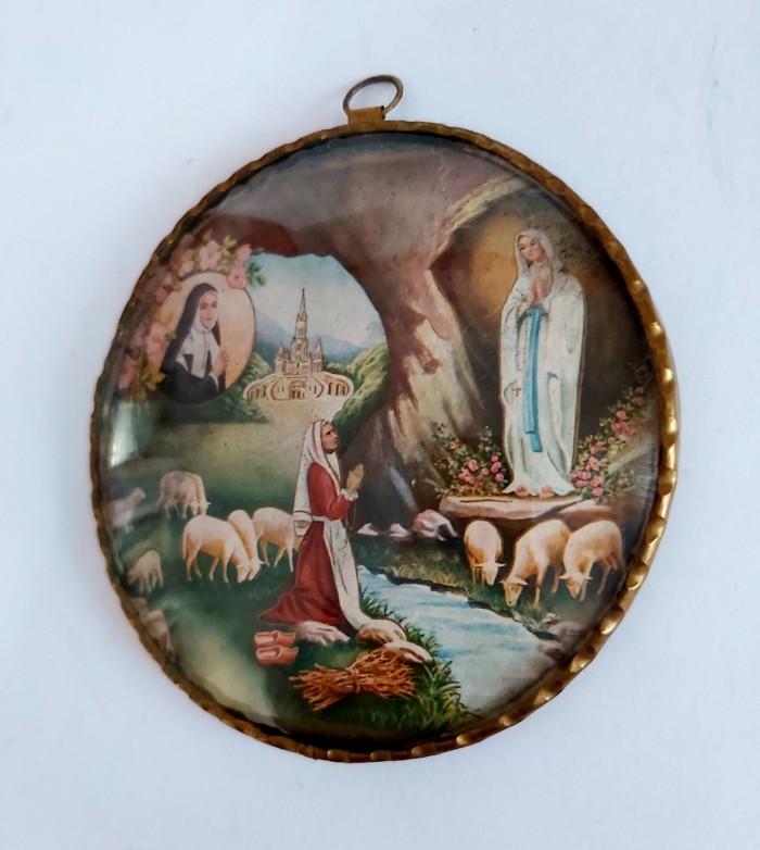 Cadre en verre bombé Souvenir de Lourdes