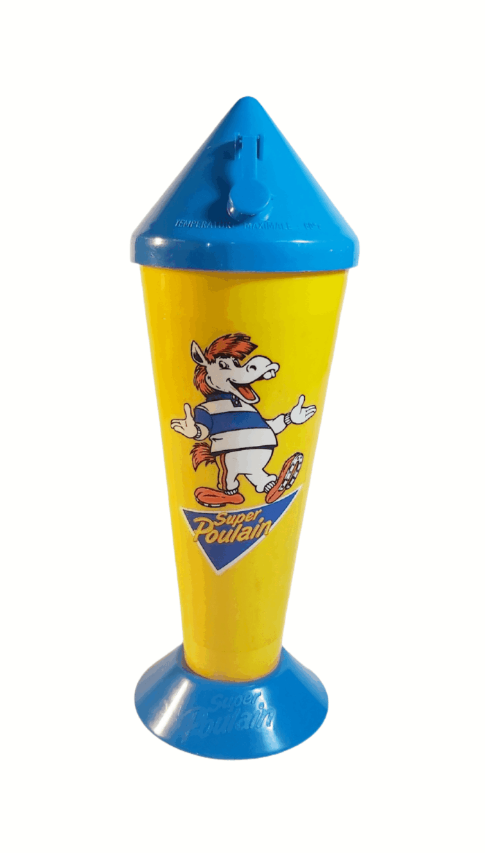 Super Poulain, article vintage shaker publicitaire Super Poulain. Matière plastique.