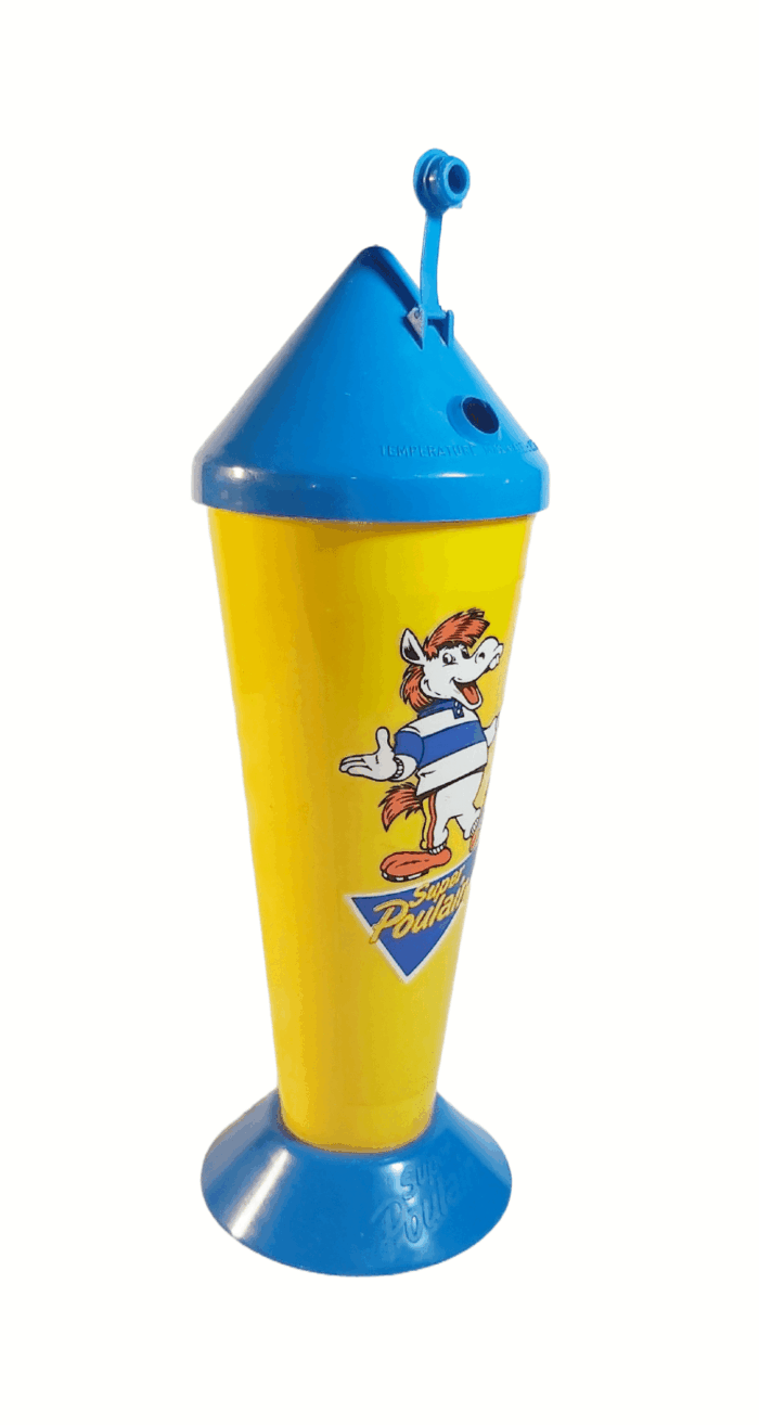 Super Poulain, article vintage shaker publicitaire Super Poulain. Matière plastique.