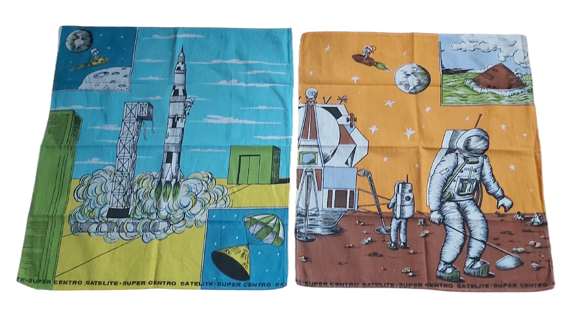 Lot de 2 torchons vintage Espace "Super Centro Satelite" – Années 70