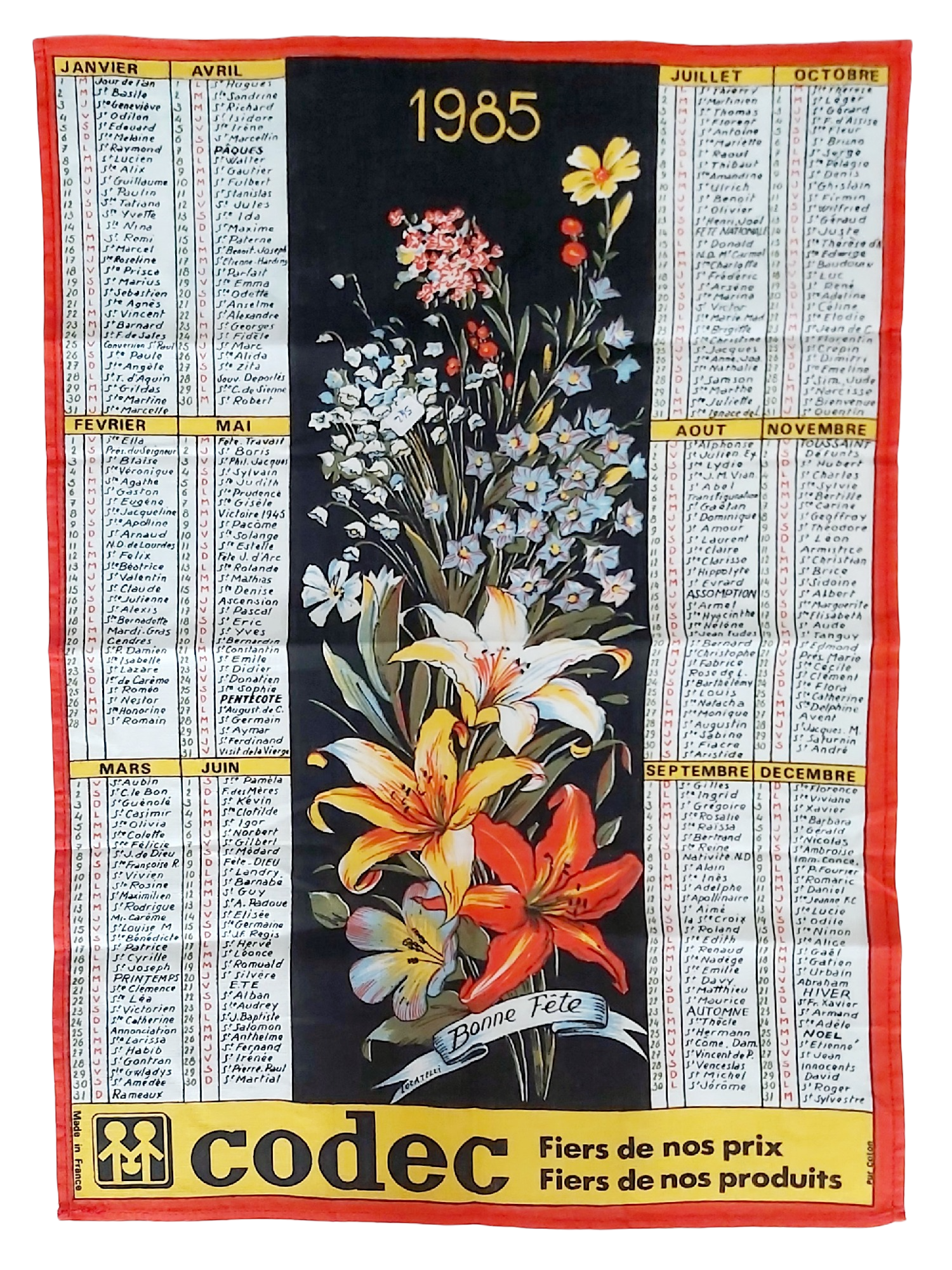 Torchon calendrier 1985 Codec fleurs Bonne Fête