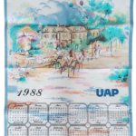 ​Torchon calendrier 1988 UAP  illustration château jardin