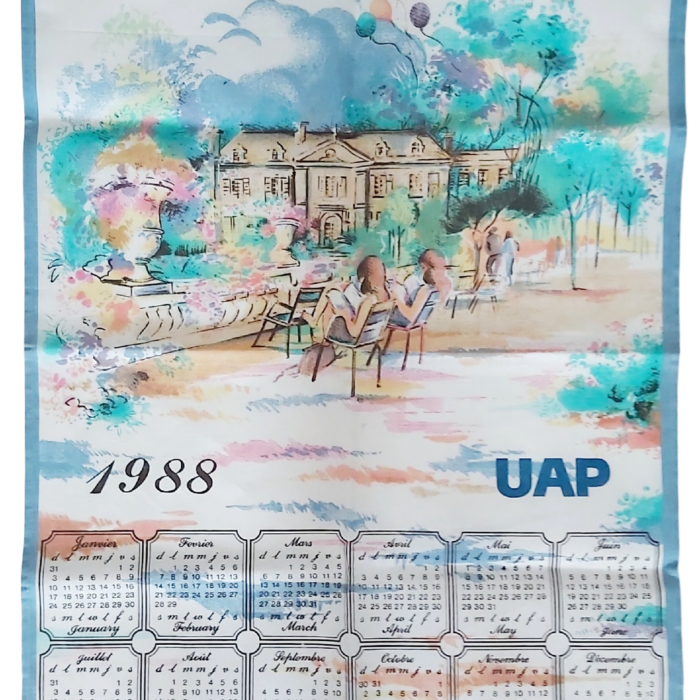 ​Torchon calendrier 1988 UAP  illustration château jardin