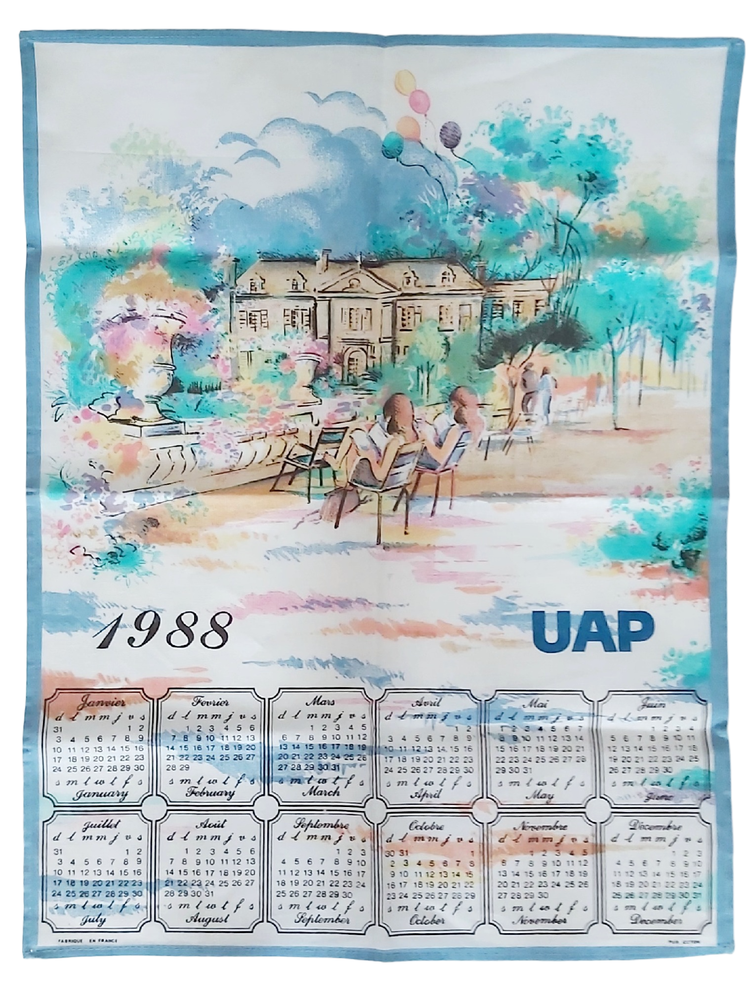 Torchon calendrier 1988 UAP illustration château jardin