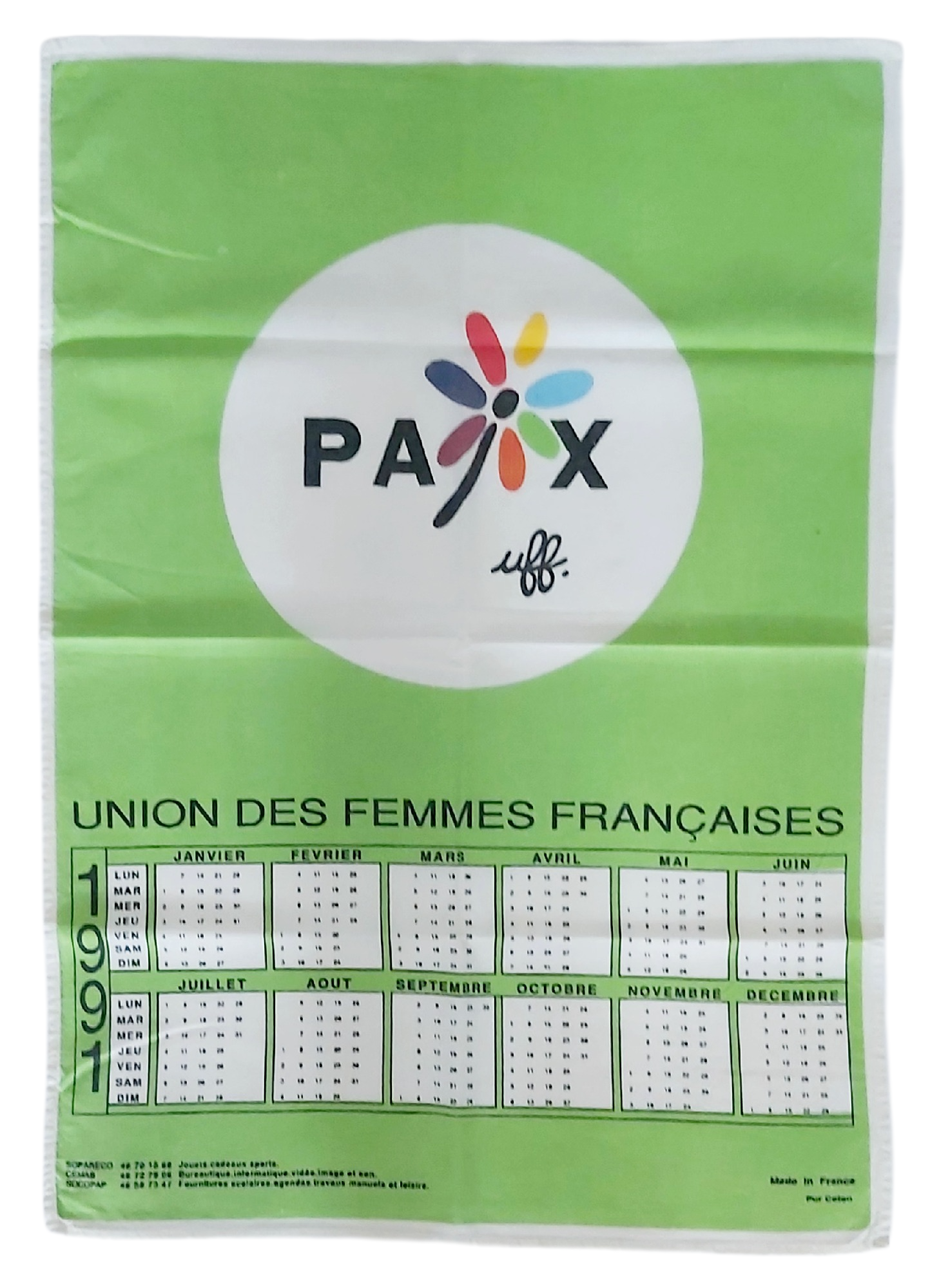 Torchon calendrier 1991 Union des Femmes Françaises UFF